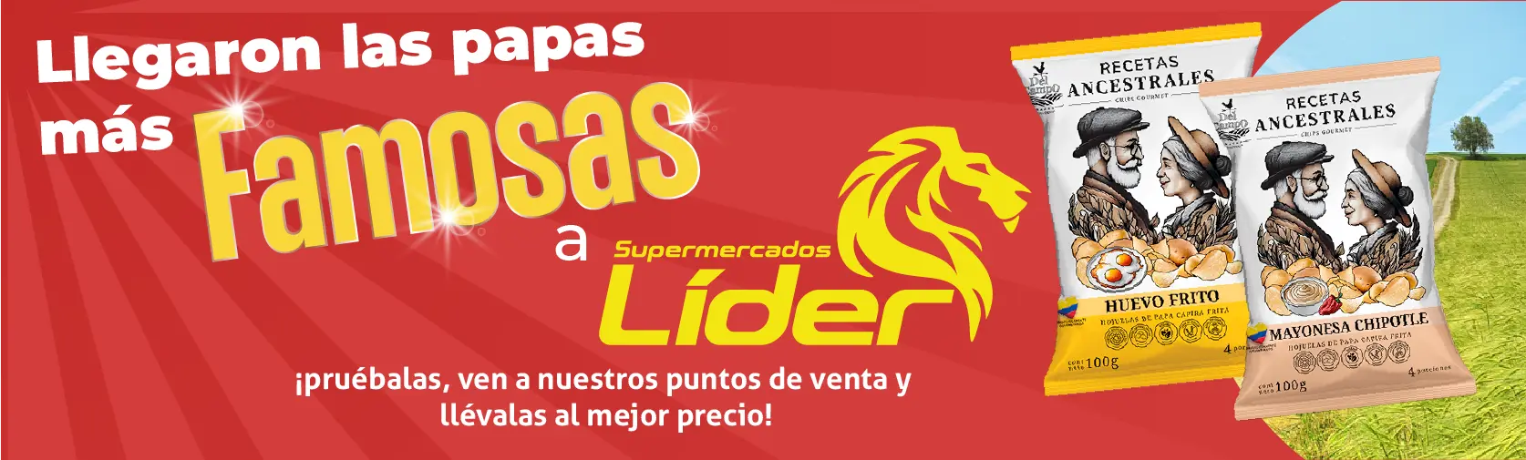 Promoción de Papas Famosas Recetas Ancestrales en Supermercados Líder con sabores Huevo Frito y Mayonesa Chipotle en empaques de 100g